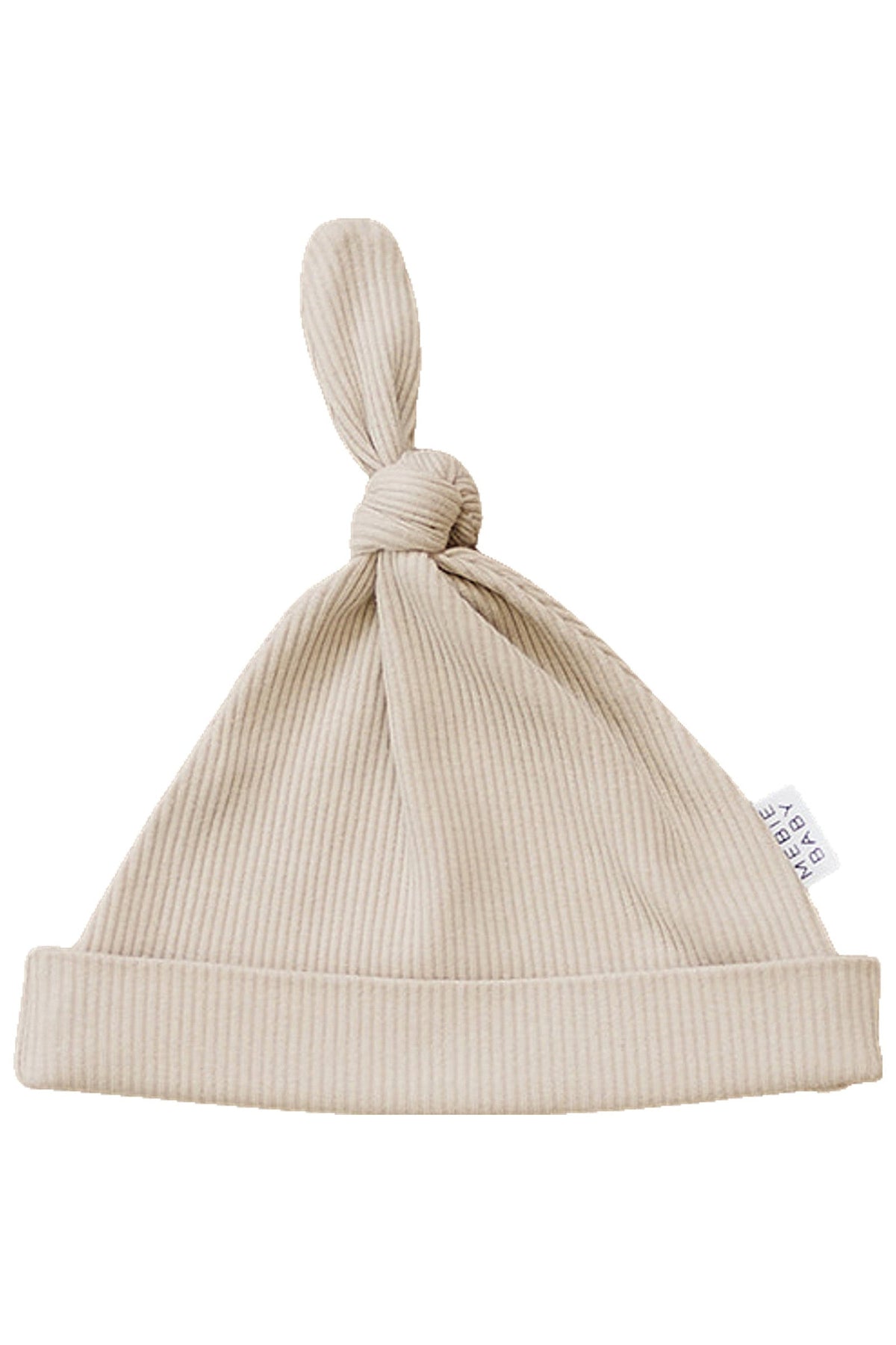 Beige ribbed newborn knot hat made of organic cotton, featuring a simple design with a top knot.