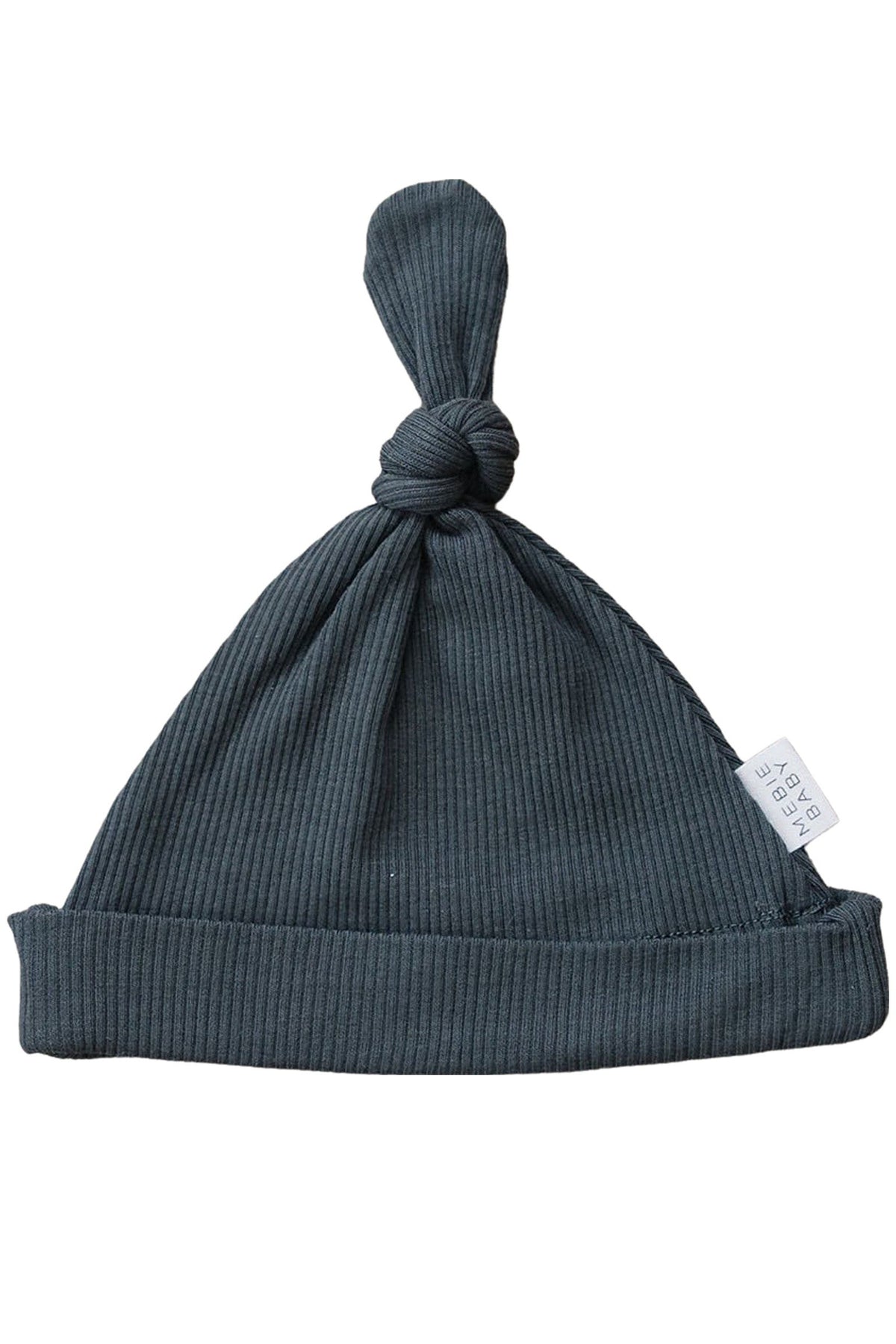 Charcoal ribbed newborn knot hat made from organic cotton, featuring a folded brim and a stylish top knot.
