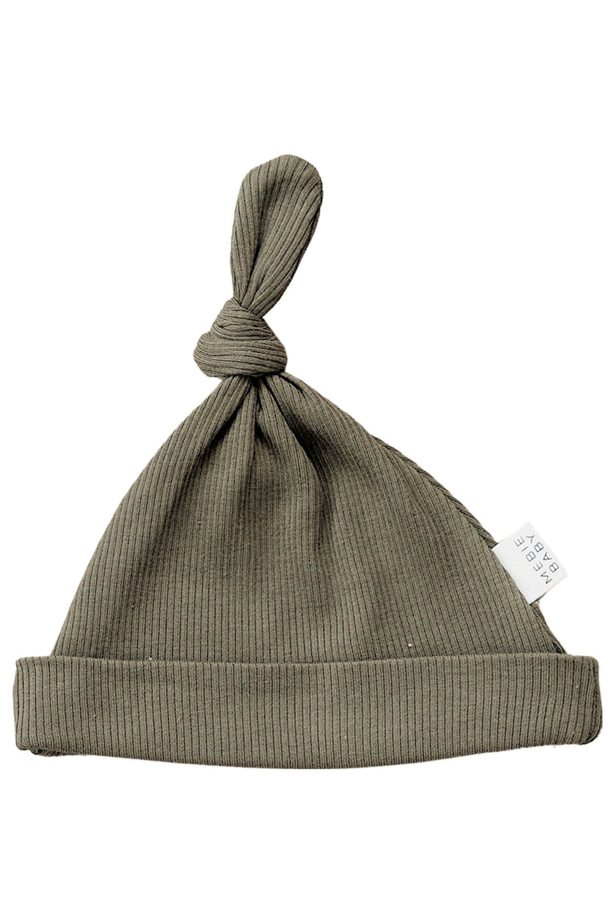 Green ribbed newborn knot hat made from organic cotton with a visible Mebie Baby label. Ideal for infants.