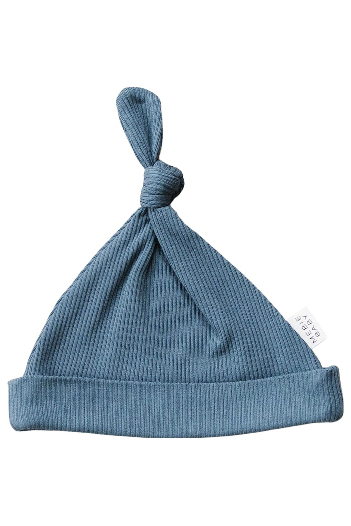 Navy ribbed newborn knot hat made from organic cotton with a Mebie Baby label on the side.