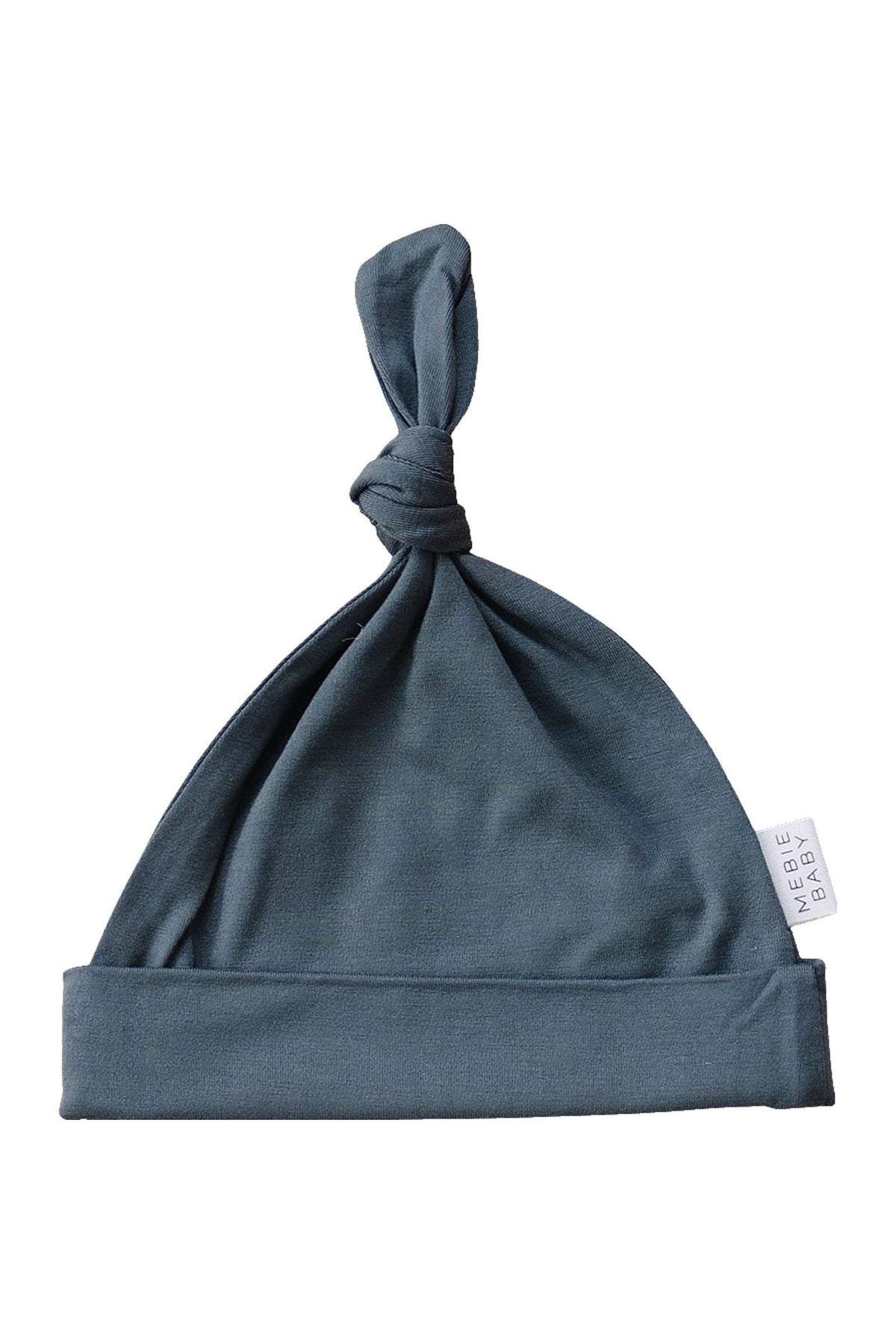 A charcoal-colored knot hat made from soft bamboo fabric, featuring a folded brim and a top knot.