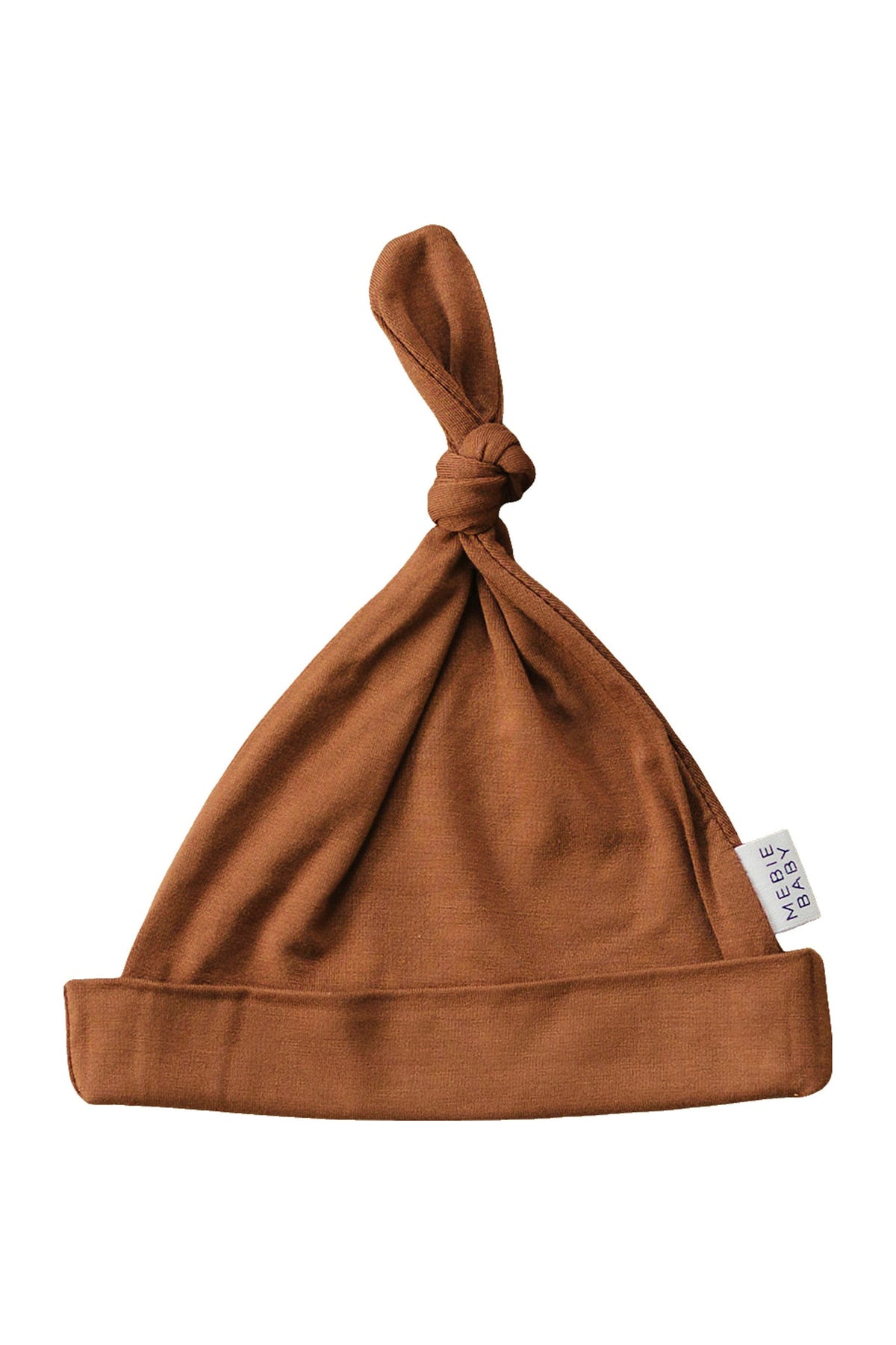Brown newborn knot hat made of soft bamboo fabric, featuring a simple knot design and a branded tag.