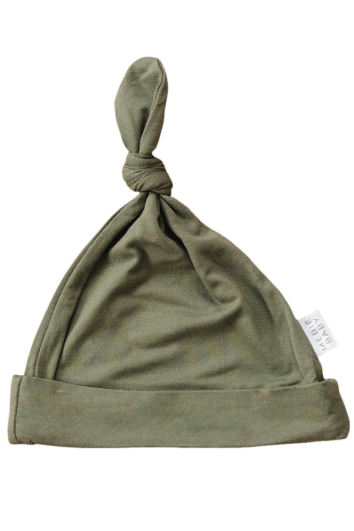 Olive green newborn knot hat made from soft bamboo fabric, featuring a small brand tag on the side.