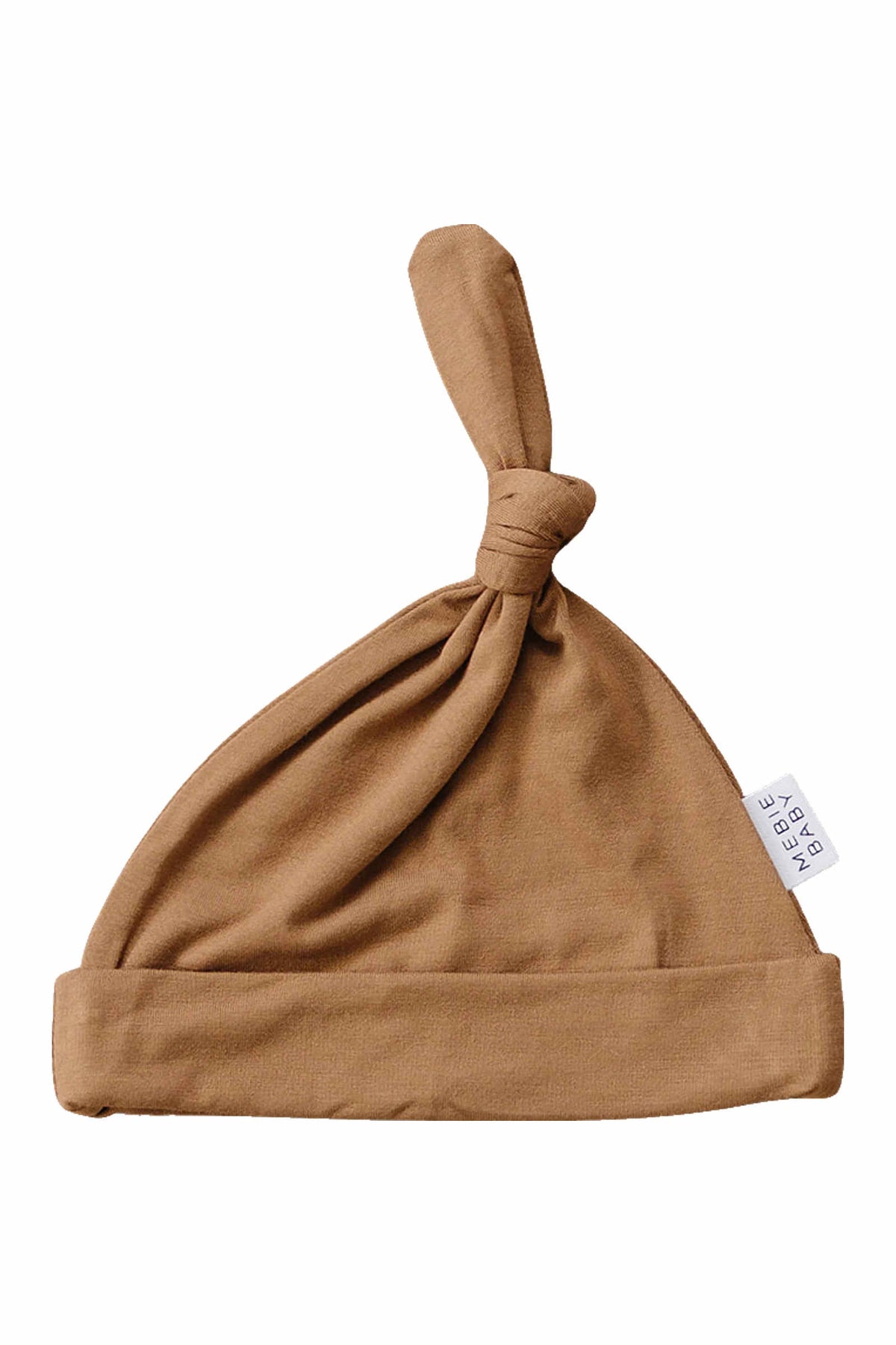 A mustard-colored newborn knot hat made of soft bamboo fabric, featuring a folded brim and a top knot.