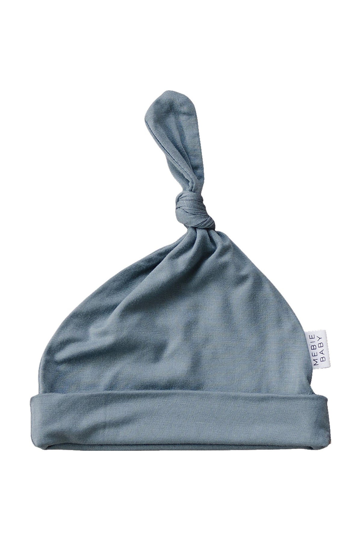 Dusty blue baby knot hat made of soft bamboo fabric, featuring a folded brim and brand tag.
