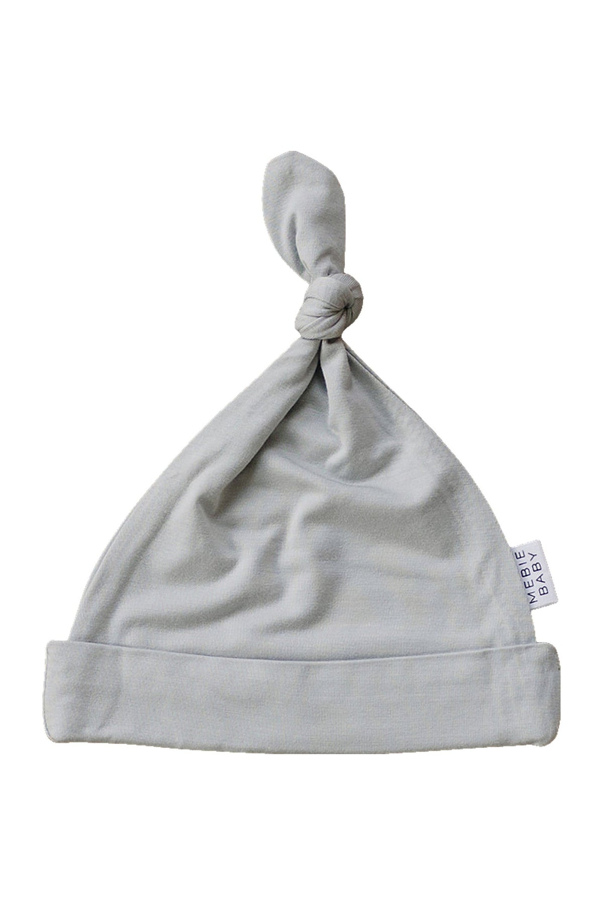 Gray newborn knot hat made of soft bamboo rayon, featuring a folded brim and Mebie Baby label.