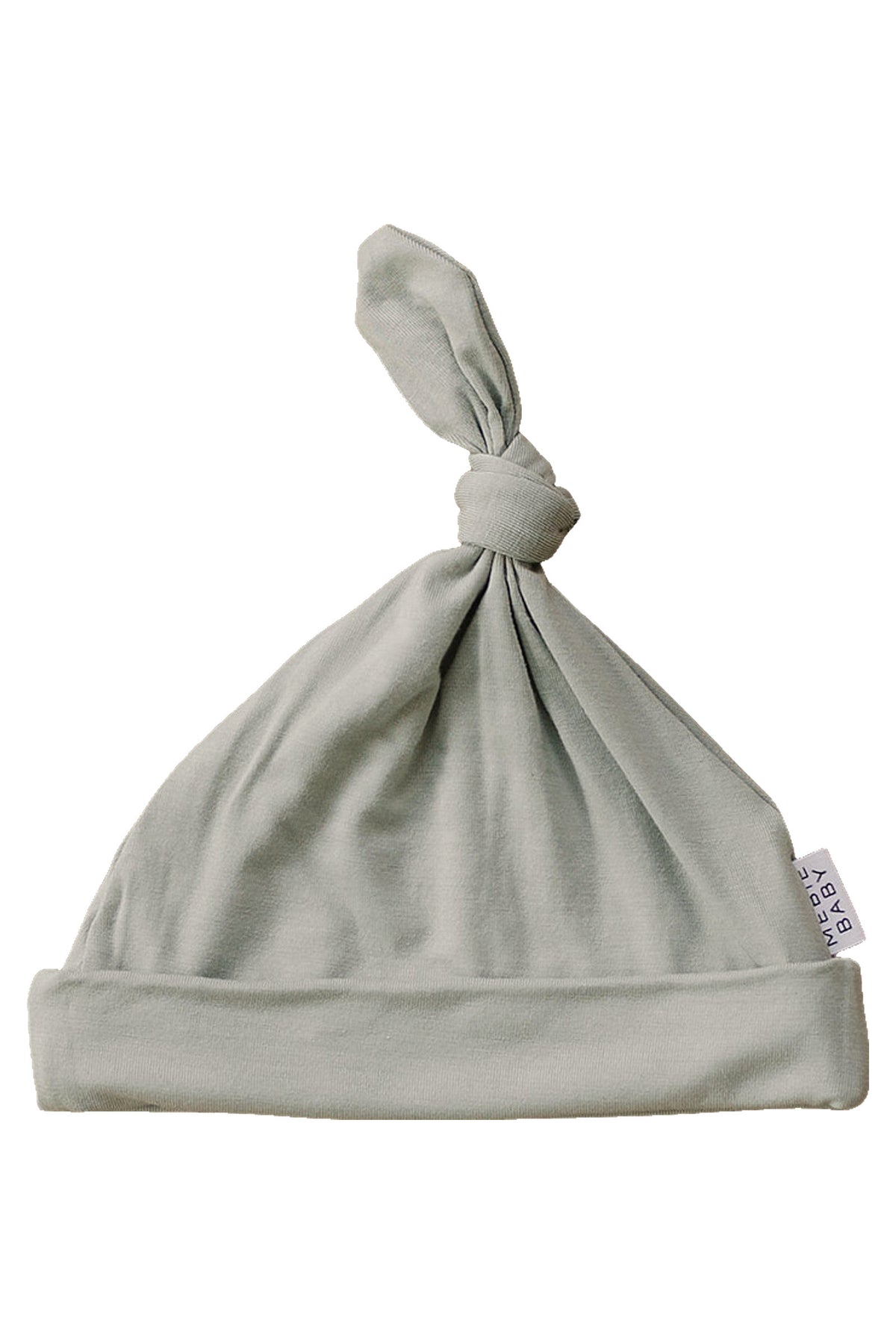 Sage green newborn knot hat made of soft bamboo fabric, featuring a folded brim and top knot.