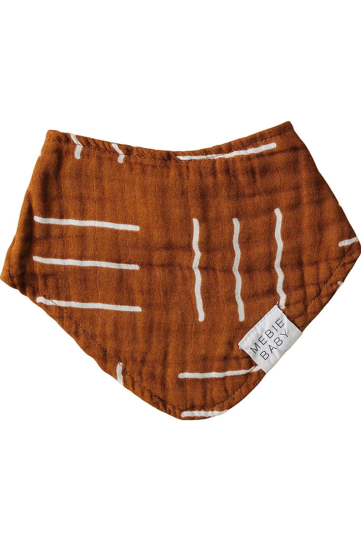 Brown muslin bib with white geometric lines, featuring a Mebie Baby label. Made from soft, absorbent cotton.