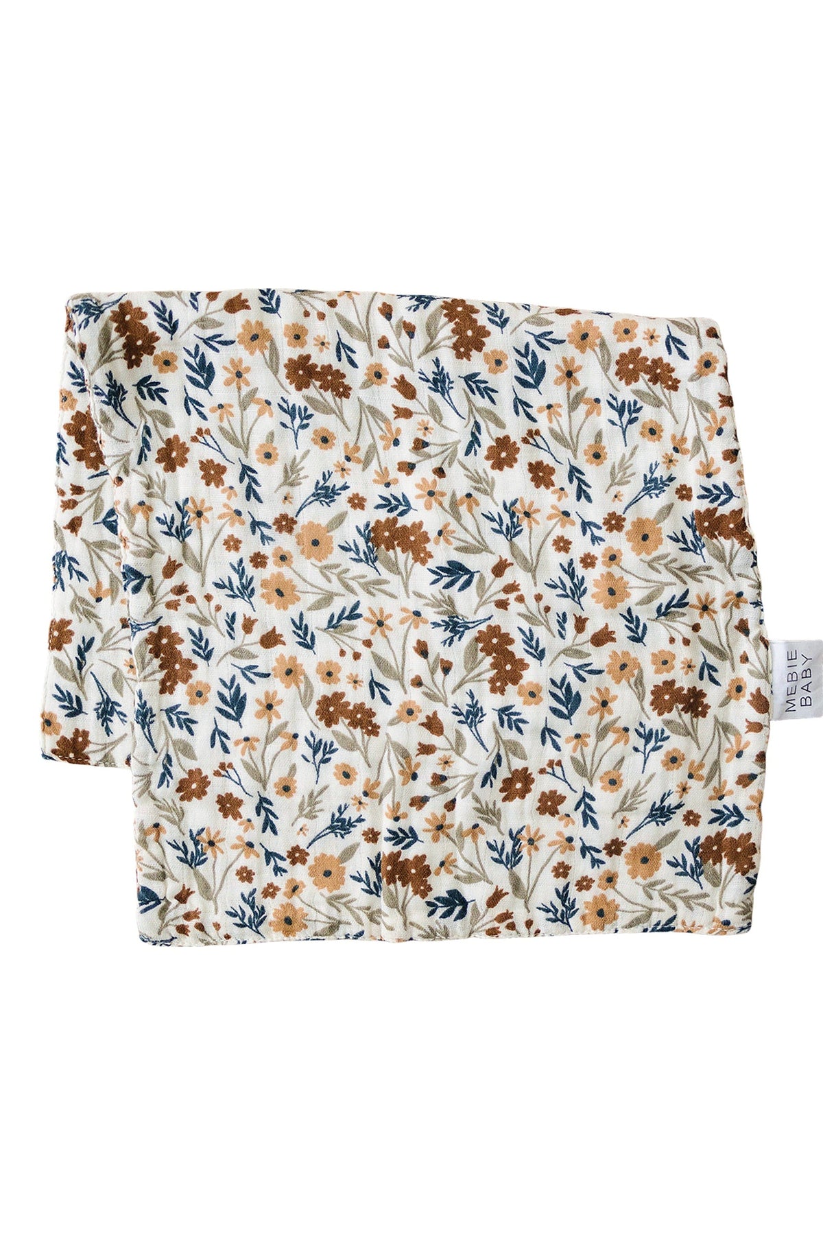 Mebie Baby muslin burp cloth with a harvest floral pattern in brown, blue, and beige on a white background.