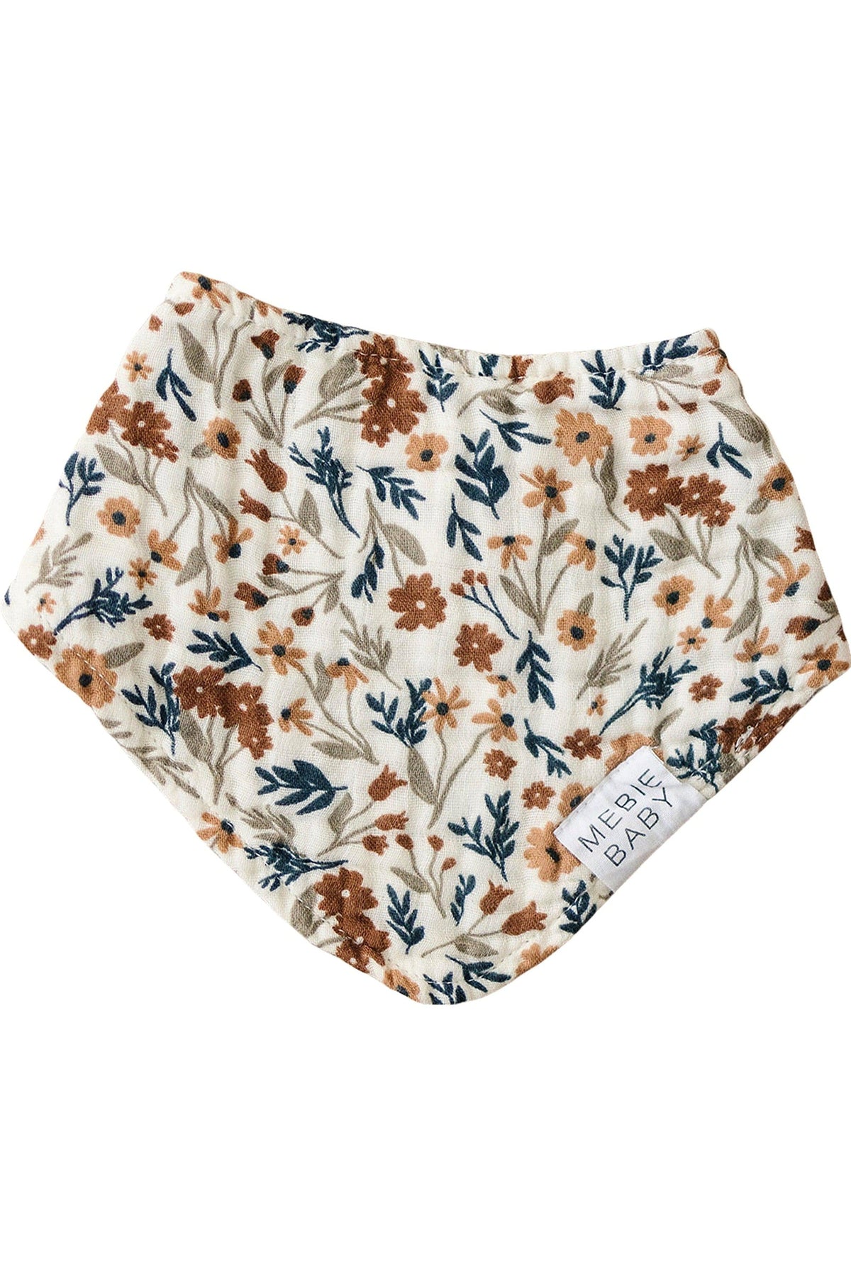 A cotton bib with a floral pattern in brown and blue, labeled Mebie Baby.