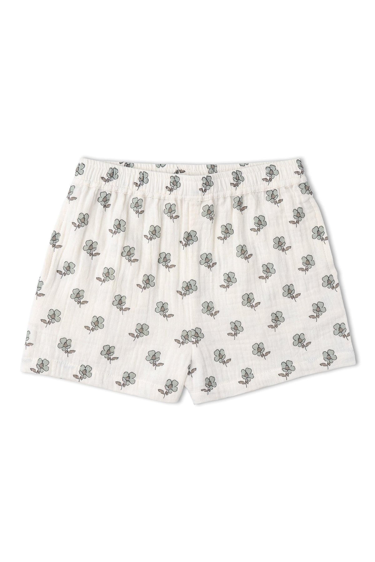 Lightweight organic cotton shorts featuring a delicate floral print in muted colors. Ideal for warm weather, these comfy shorts are perfect for kids summer adventures and playdates.