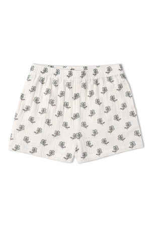 Lightweight organic cotton shorts featuring a delicate floral print in muted colors. Ideal for warm weather, these comfy shorts are perfect for kids summer adventures and playdates.