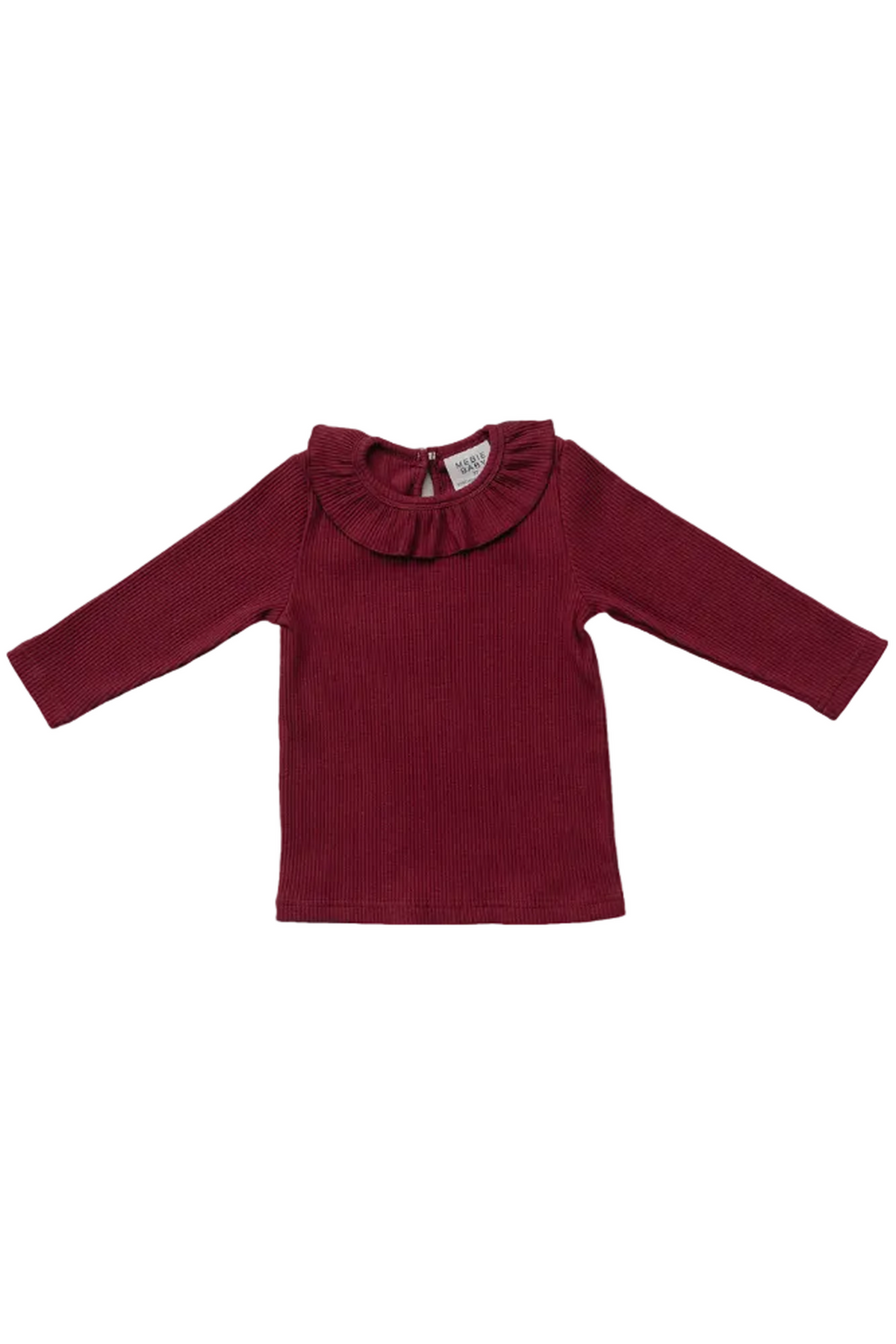 Burgundy ribbed long sleeve cotton top featuring a ruffled neckline, ideal for toddlers and kids. This versatile piece is perfect for layering or wearing alone throughout the year.