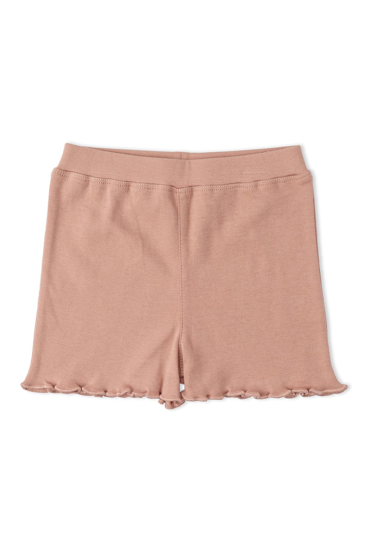 A pair of soft, organic cotton shorts in a muted pink hue, featuring a ruffled hem. These shorts are designed for comfort and style, perfect for warm weather play.