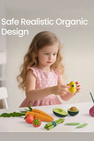 A young girl in a pink polka dot dress examines a yellow toy lemon, surrounded by colorful wooden fruits and vegetables on a table, promoting imaginative play and healthy habits.