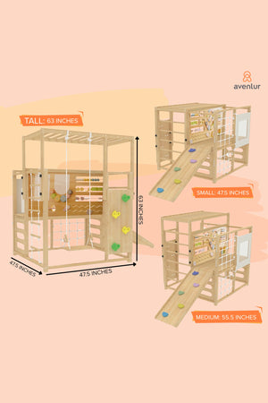 Avenlur Alpine Adventure Play Gym features a wooden structure with climbing holds, a slide, and measurement dimensions for various heights.