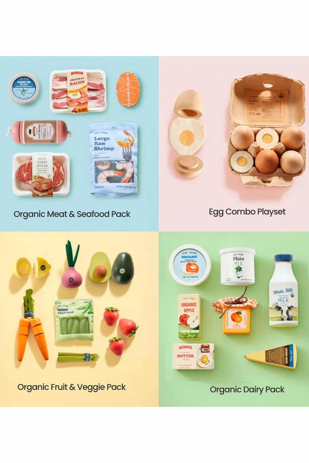 Colorful wooden play food sets arranged in four sections, featuring organic meat, seafood, eggs, fruits, vegetables, and dairy items. Each piece promotes imaginative play and healthy eating habits for kids.