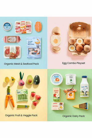 Colorful wooden play food sets arranged in four sections, featuring organic meat, seafood, eggs, fruits, vegetables, and dairy items. Each piece promotes imaginative play and healthy eating habits for kids.