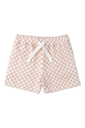 Lightweight, organic cotton shorts in a soft brick check pattern. These comfortable shorts feature an elastic waistband and white drawstring, perfect for summer adventures. Suitable for children.