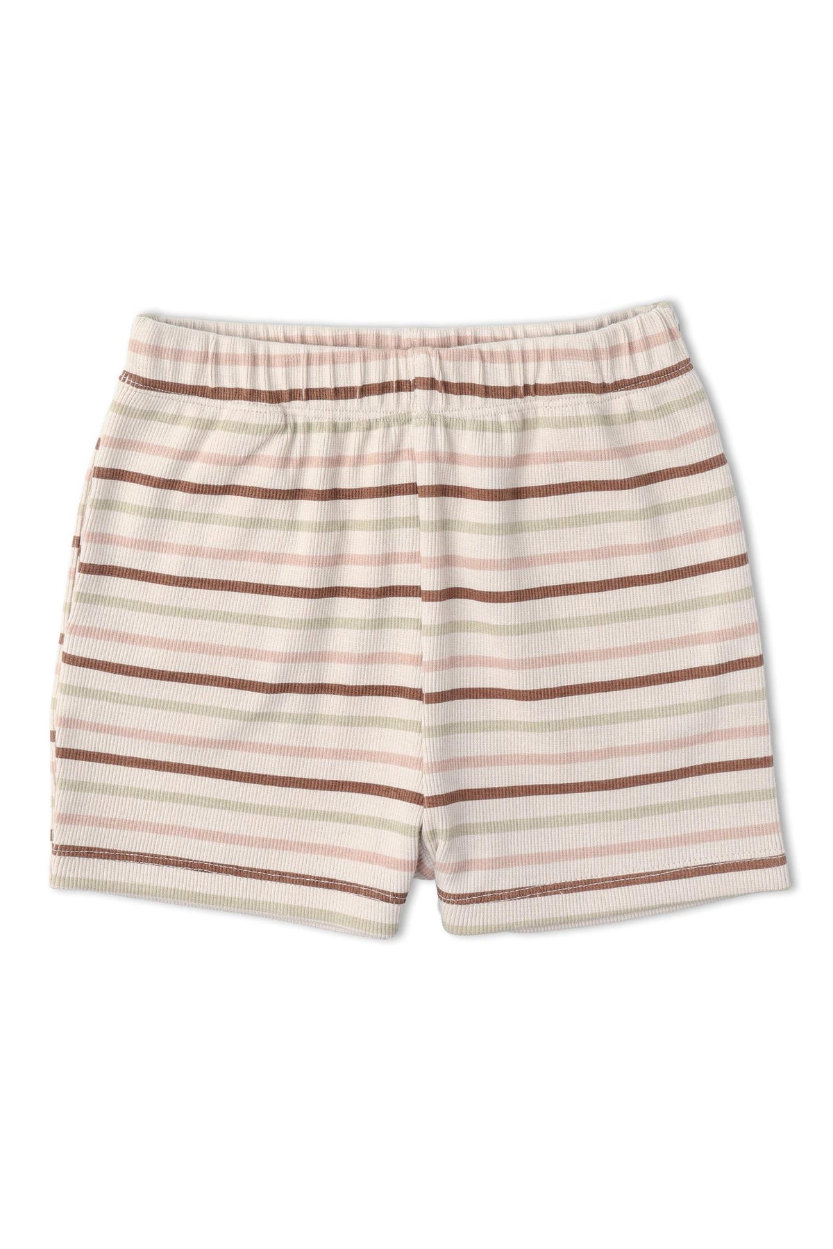 Cream-colored shorts with terra-striped patterns in soft ribbed fabric. These organic cotton shorts feature an elastic waistband, perfect for comfort during play for children.