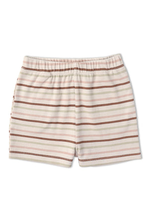 Cream-colored shorts with terra-striped patterns in soft ribbed fabric. These organic cotton shorts feature an elastic waistband, perfect for comfort during play for children.
