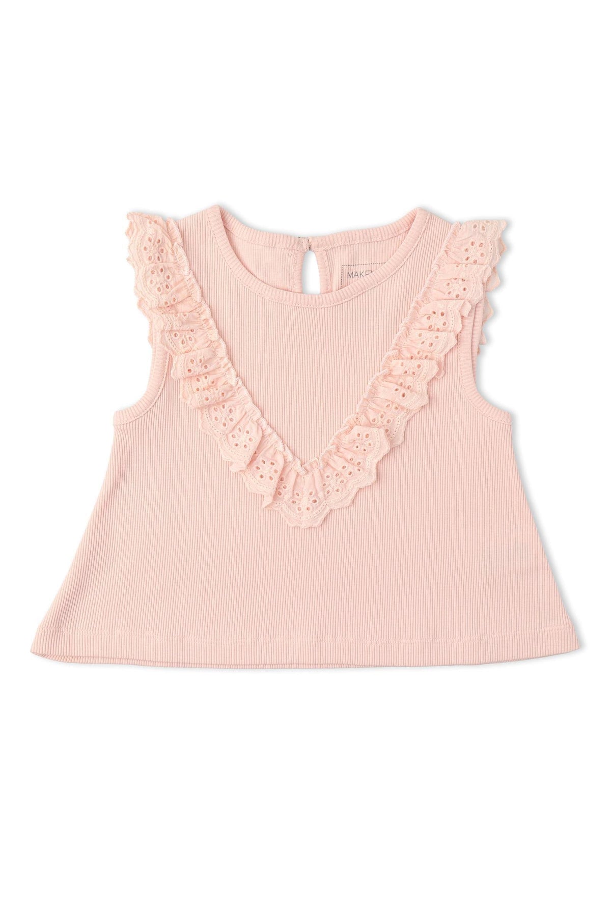 A blush pink sleeveless top features charming ruffles along the neckline and back keyhole detail. This organic cotton top is perfect for stylish comfort in warm weather.