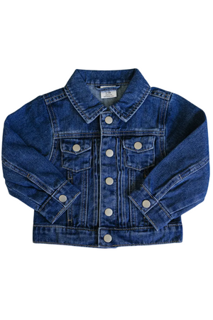 A dark wash denim jean jacket featuring a classic button front and long sleeves. This timeless piece is perfect for layering and offers a stylish yet comfortable fit for everyday.