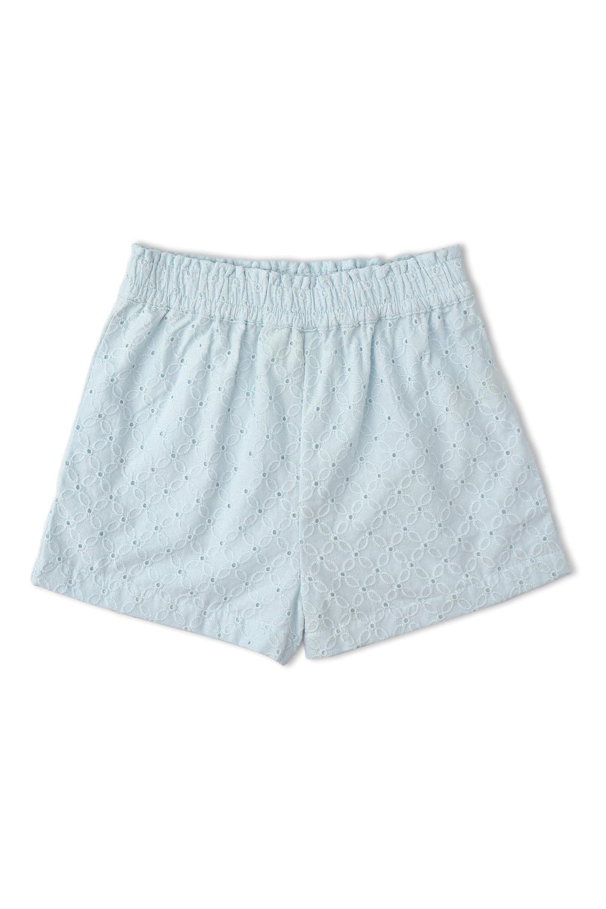 Light blue organic cotton shorts featuring delicate eyelet embroidery and an elastic waistband. Ideal for warm-weather outings, these shorts combine comfort with a stylish, breezy design for children.