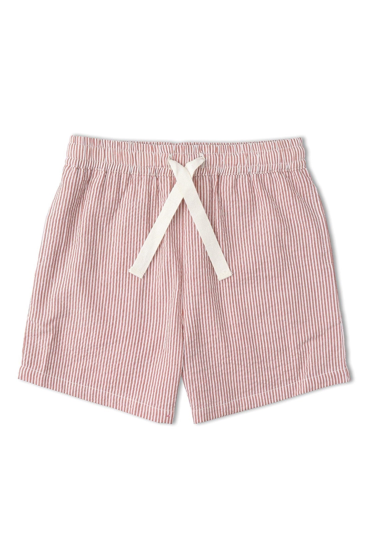 Lightweight coral-striped shorts feature an elastic waistband and a white drawstring, made from organic cotton for comfort and breathability, perfect for summer adventures. Sustainable and stylish for children.