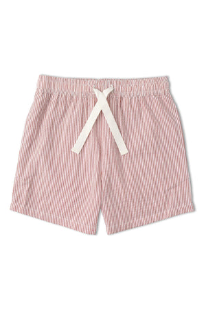 Lightweight coral-striped shorts feature an elastic waistband and a white drawstring, made from organic cotton for comfort and breathability, perfect for summer adventures. Sustainable and stylish for children.