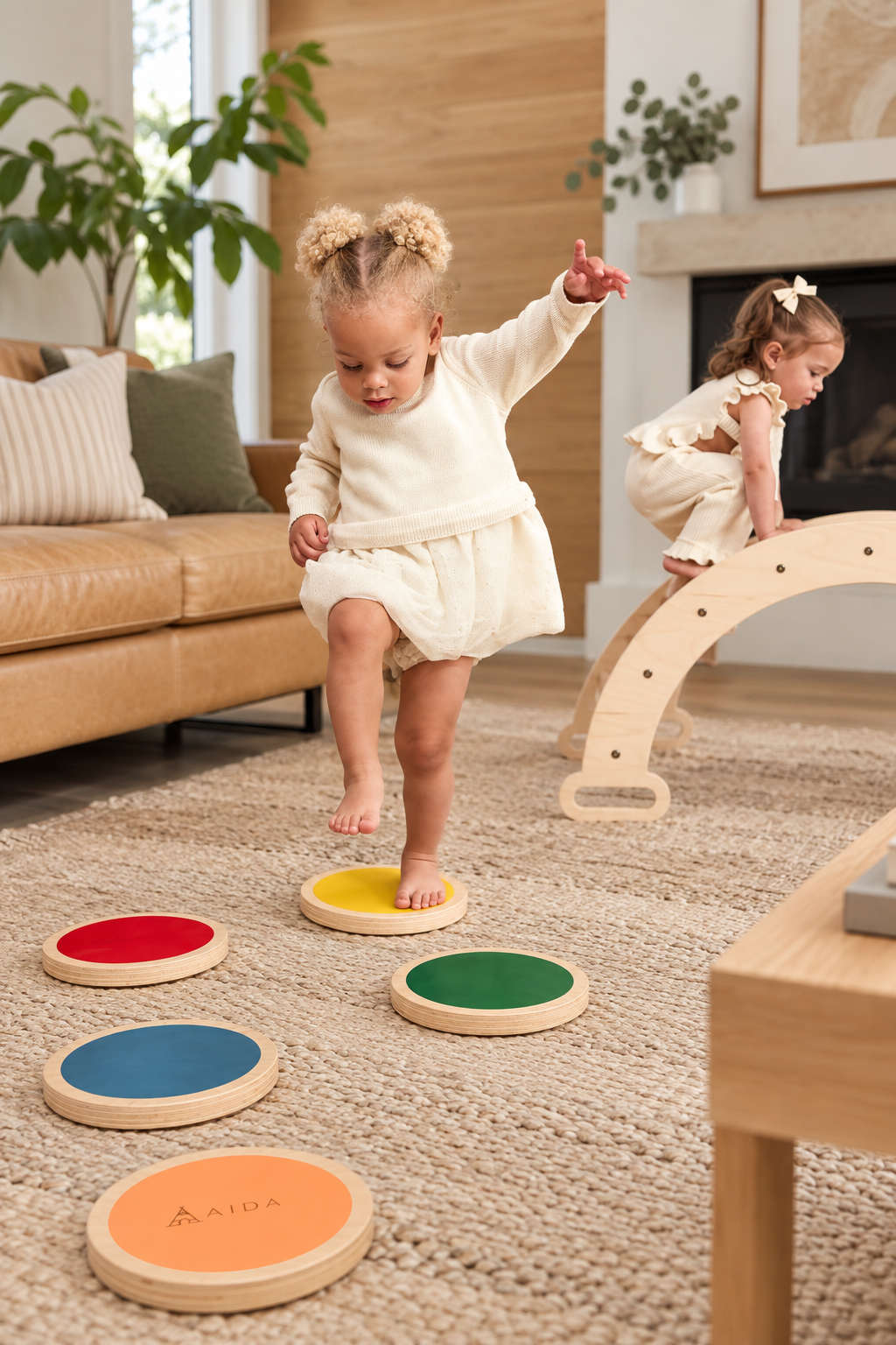 A child balances on a colorful wooden stepping stone while another child climbs on a wooden arch in a cozy living room setting, showcasing playful, imaginative indoor activity.