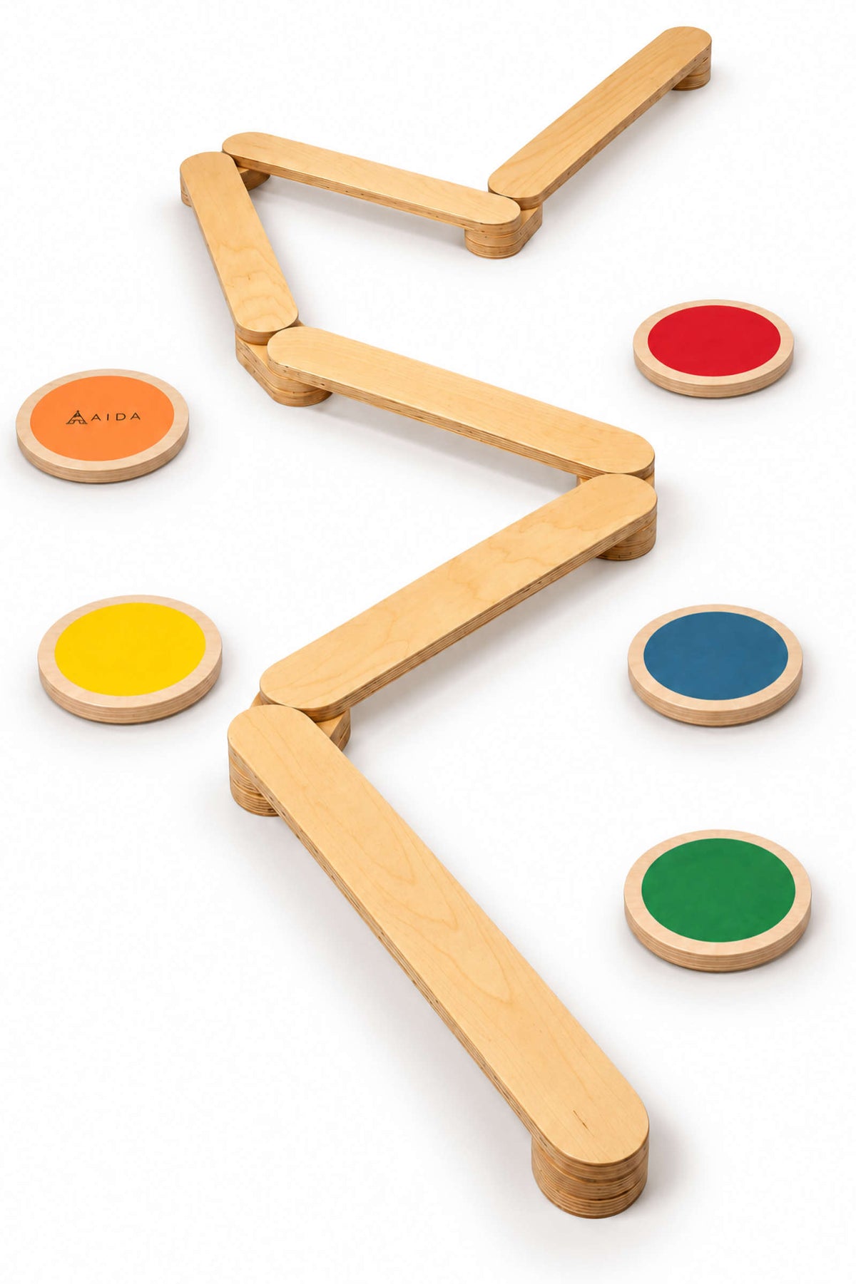 Aida Kids Little Equilibrist XL wooden balance beam and colorful stepping stones bundle featuring orange, yellow, red, blue, and green circular shapes alongside natural wood planks, promoting safe and imaginative play for children.