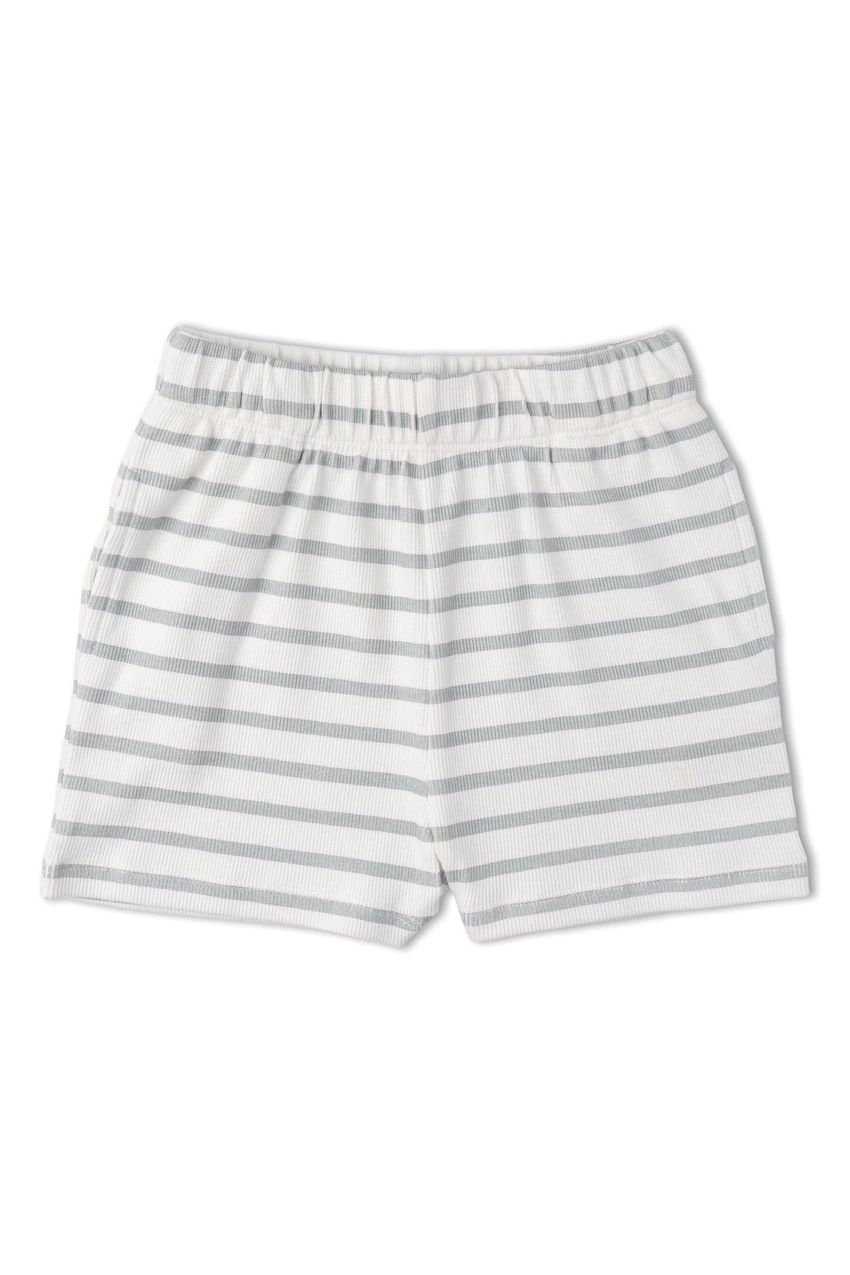 Light gray shorts featuring subtle stripes, made from soft organic cotton. The elastic waistband provides comfort, making them ideal for playful days and relaxed afternoons.