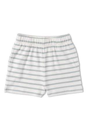 Light gray shorts featuring subtle stripes, made from soft organic cotton. The elastic waistband provides comfort, making them ideal for playful days and relaxed afternoons.