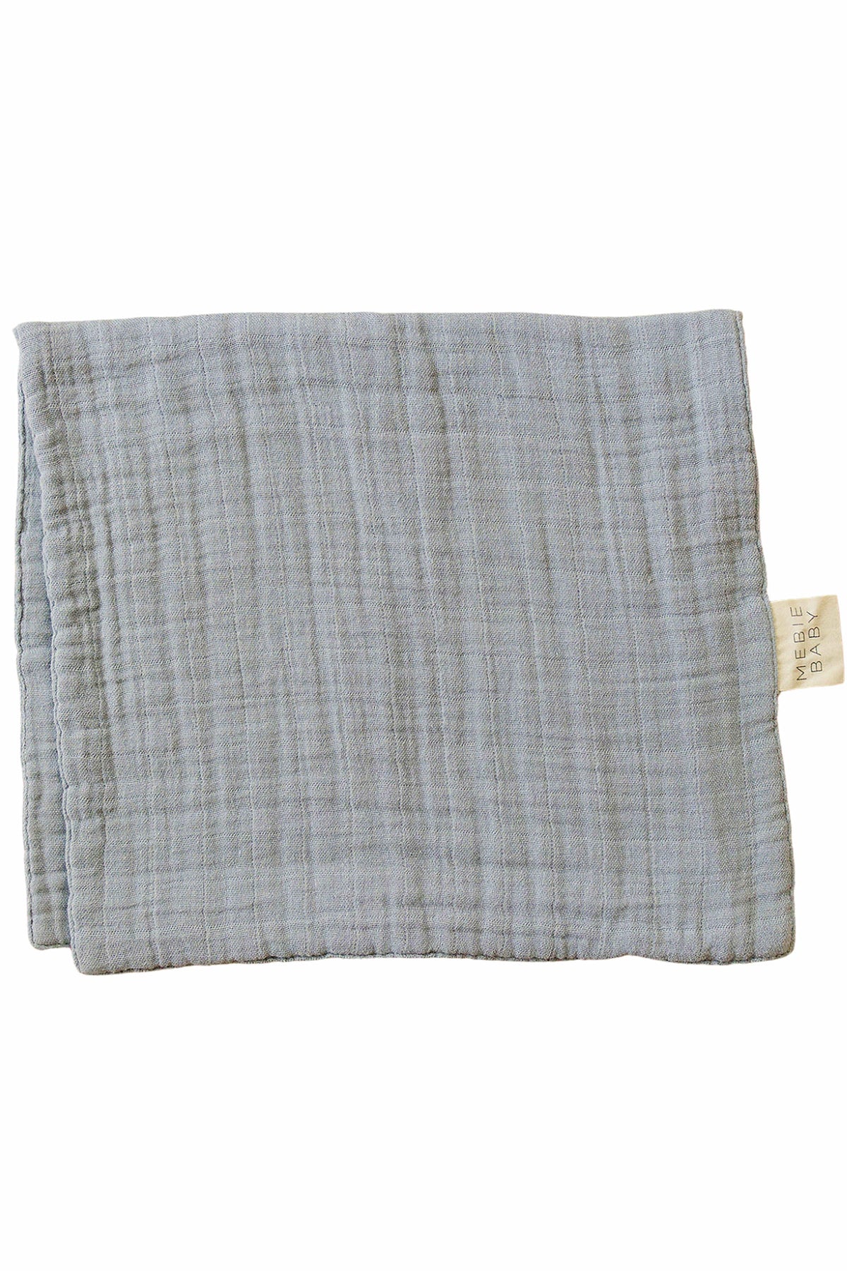 Dusty blue muslin burp cloth with a textured surface, featuring a Mebie Baby tag on the side.