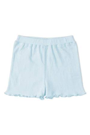 Light blue cotton shorts with a soft, breathable texture, featuring a ruffled hem. Ideal for warm weather, these shorts are designed for comfort and playful style.