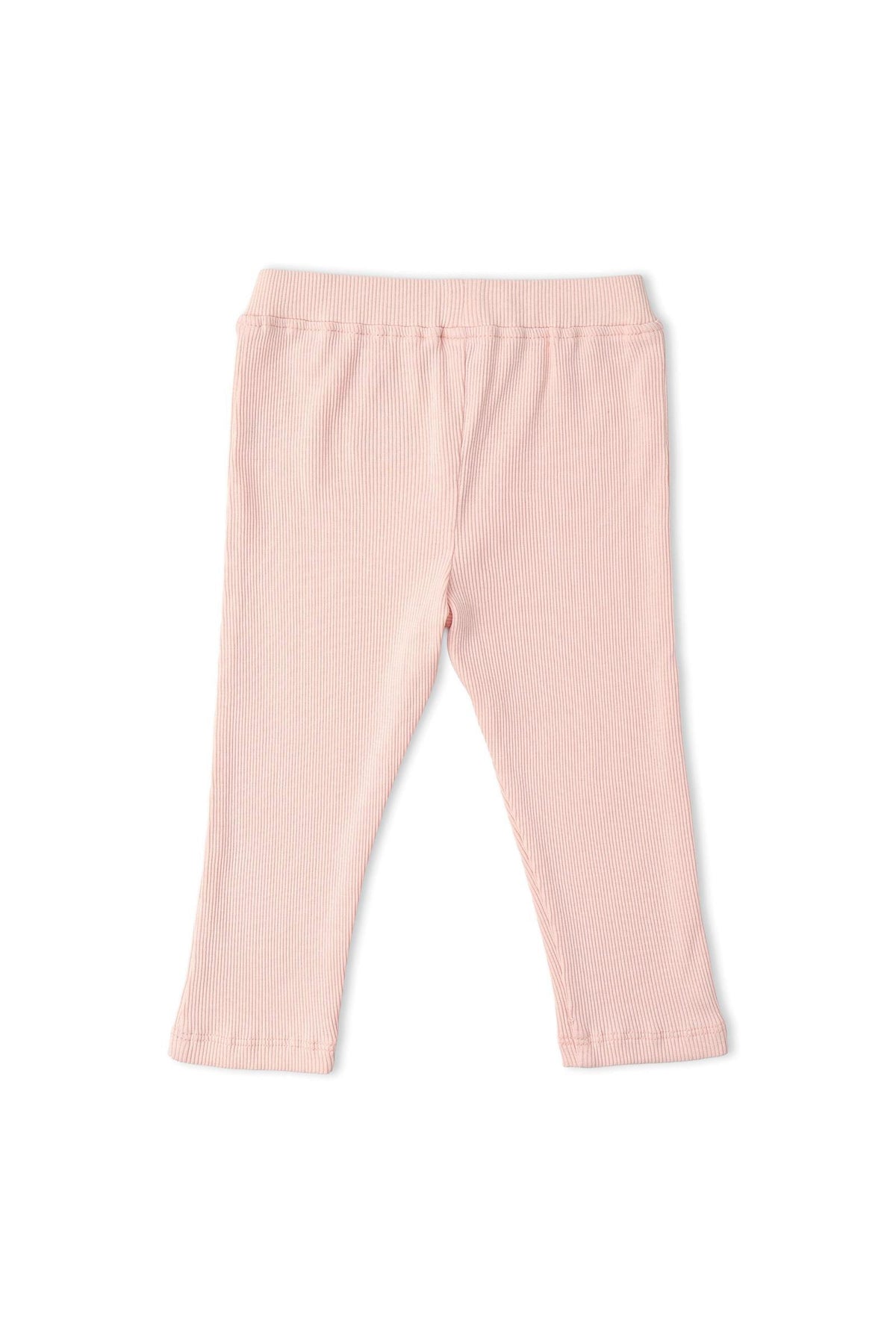 Light pink ribbed leggings made from soft, stretchy organic cotton. These comfortable bottoms are perfect for everyday wear, suitable for playtime and casual outings for young children.