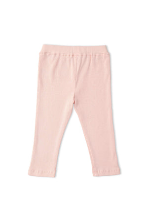 Light pink ribbed leggings made from soft, stretchy organic cotton. These comfortable bottoms are perfect for everyday wear, suitable for playtime and casual outings for young children.