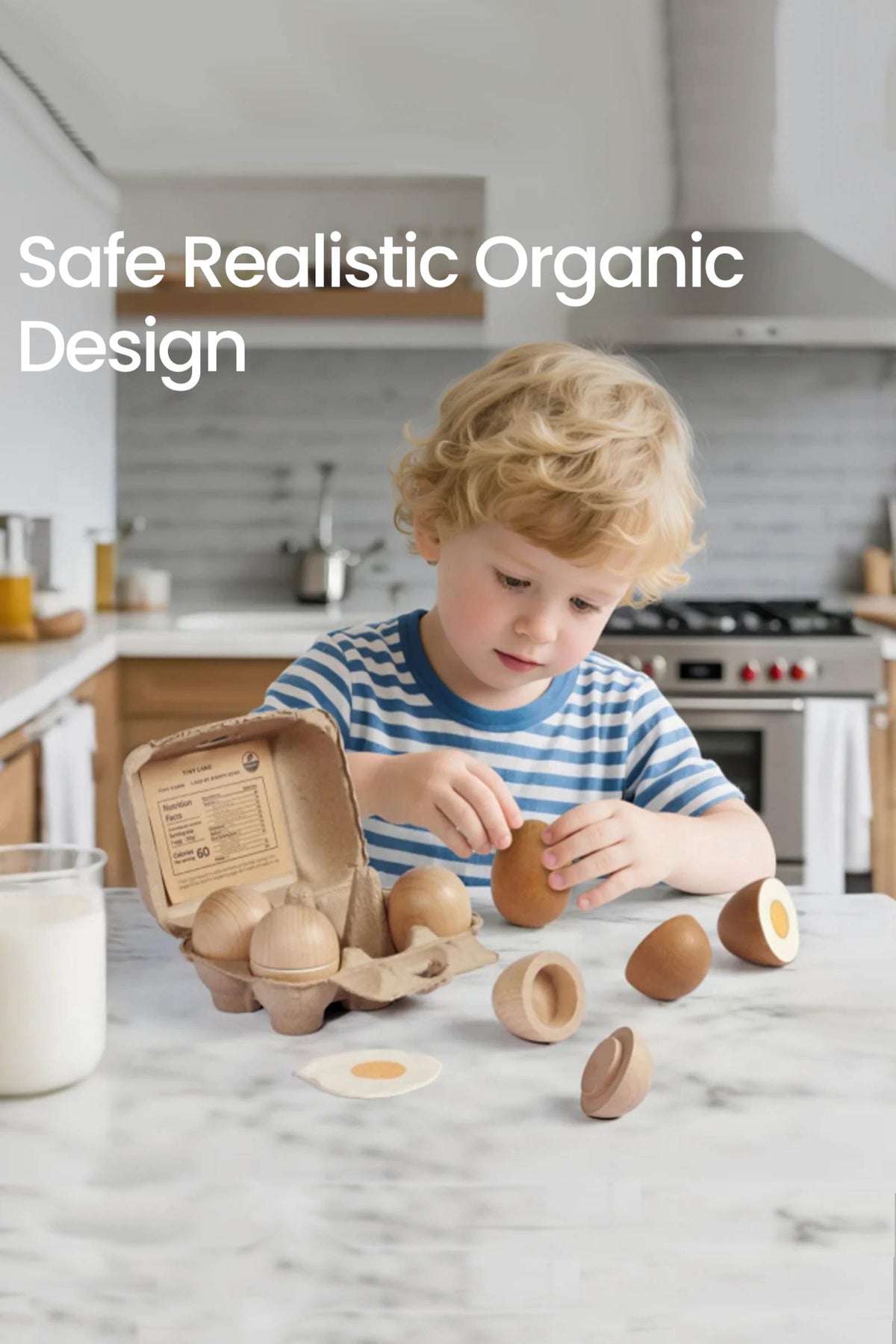 A young child with curly blonde hair examines wooden eggs from a playset in a kitchen.