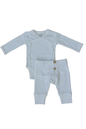 Light blue striped pointelle baby layette set made from breathable organic cotton. The outfit includes a long-sleeve onesie and matching pants, designed for newborn comfort and style.