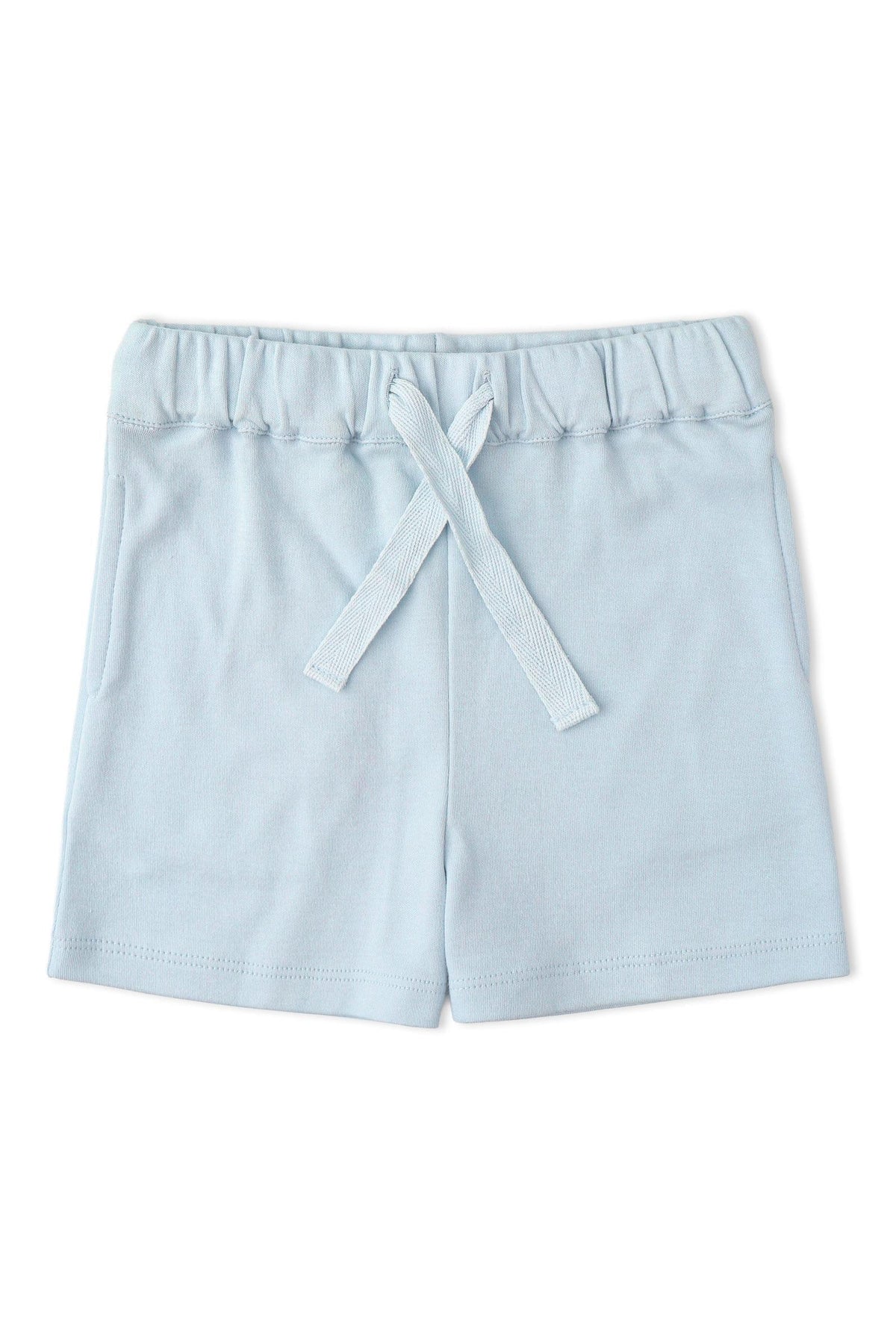 Light blue organic cotton shorts featuring an elastic waistband and decorative drawstring. These comfortable and stylish shorts are ideal for casual wear, perfect for active little ones.