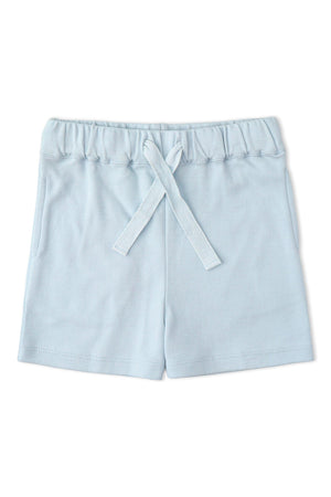 Light blue organic cotton shorts featuring an elastic waistband and decorative drawstring. These comfortable and stylish shorts are ideal for casual wear, perfect for active little ones.