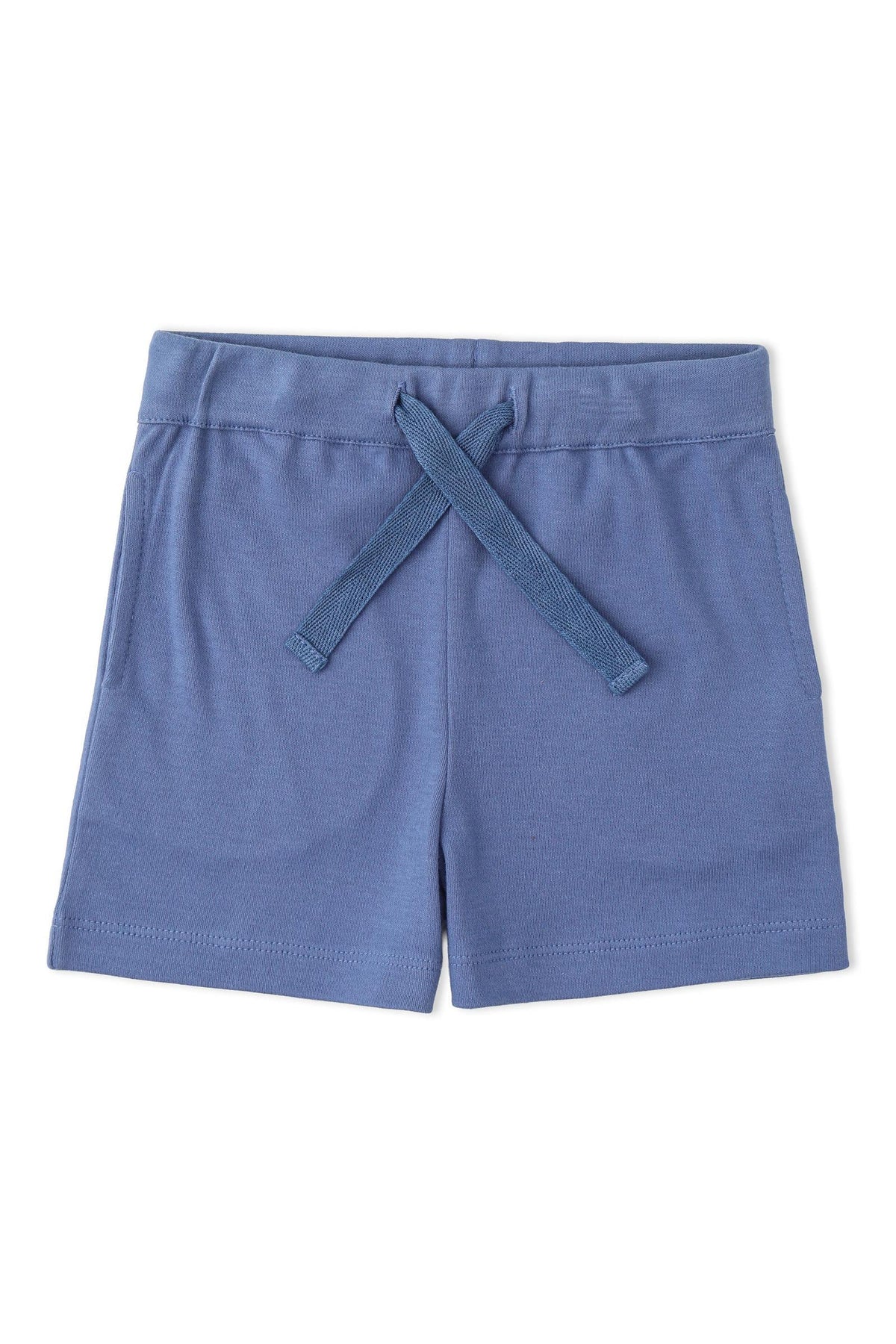 Soft slate blue shorts made from organic cotton, featuring a comfortable elastic waistband with a decorative tie. Ideal for casual wear and perfect for active playdates.