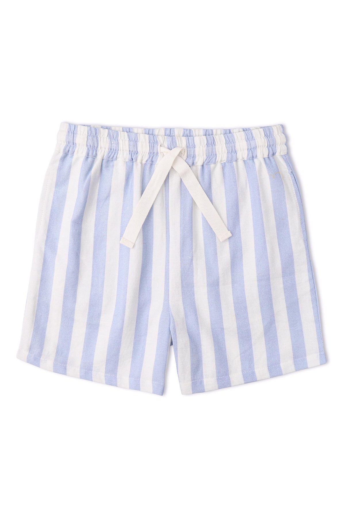 Light blue and white striped shorts feature an elastic waistband and a drawstring tie. Made from lightweight, organic fabric, these shorts are perfect for summer adventures.