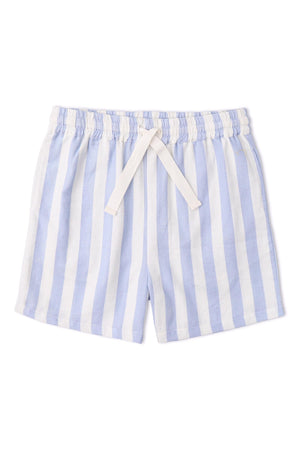 Light blue and white striped shorts feature an elastic waistband and a drawstring tie. Made from lightweight, organic fabric, these shorts are perfect for summer adventures.