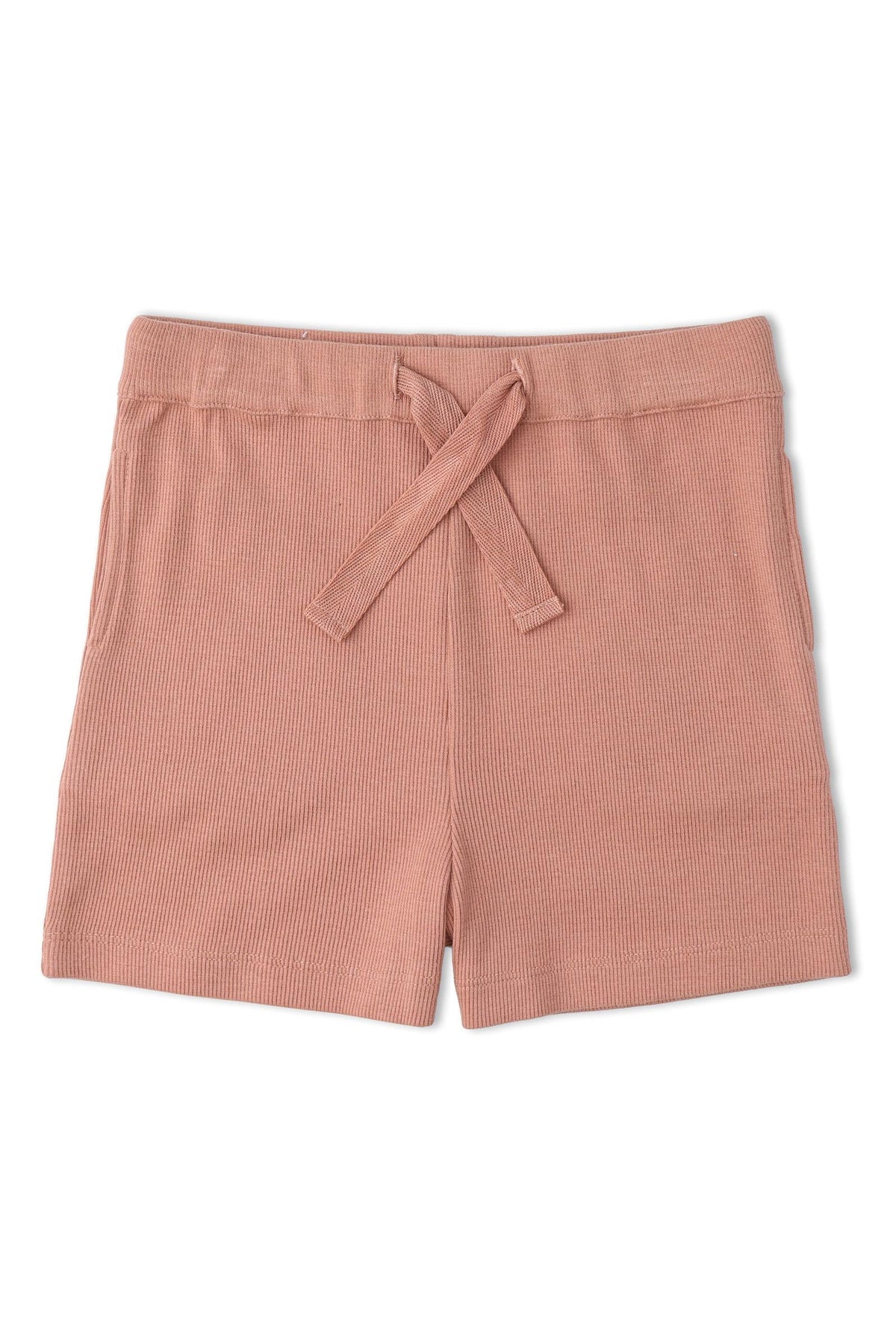 Soft, coral pink organic cotton shorts featuring a comfortable elastic waistband and tie detail. Ideal for playtime, these shorts are part of a sustainable kids clothing collection by Alterra Retail.