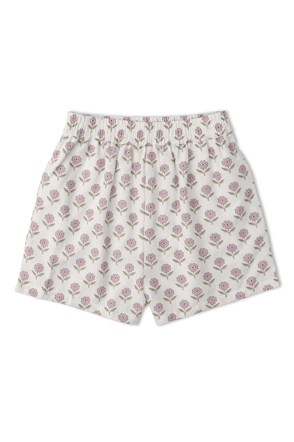 Light-colored shorts featuring a floral print in shades of pink and green. The waistband is elasticized for comfort, suitable for warm-weather play and crafted from organic materials.