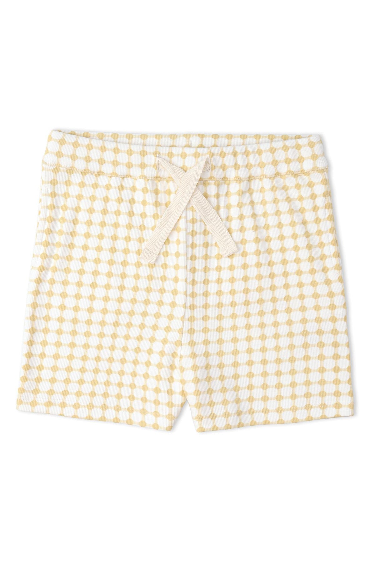 Organic cotton shorts in a yellow and white dot pattern, featuring an elastic waistband with a drawstring. Ideal for warm days, these shorts are soft and comfortable for active play.