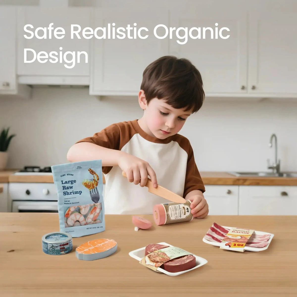 A young boy in a kitchen setting uses a wooden toy knife to slice realistic play food items, including shrimp, steak, and canned fish, showcasing an organic wooden play food.
