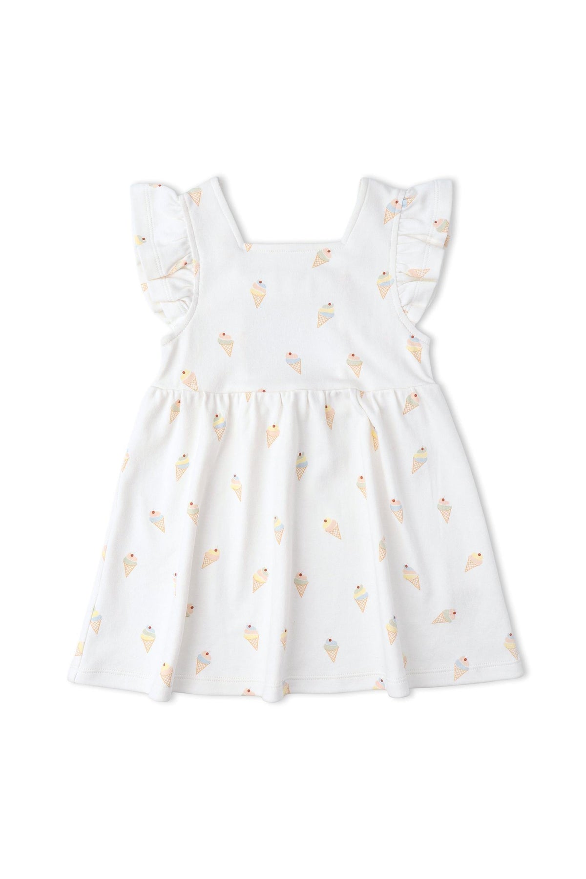 A playful cutout back dress features a white fabric adorned with colorful ice cream cone prints. This organic cotton dress has ruffled sleeves, perfect for warm weather outings.
